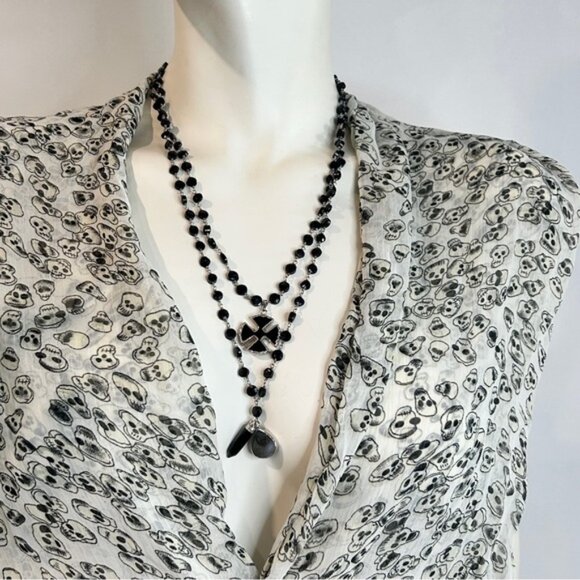 Whimsigoth Sterling Silver  Obsidian Bead Double Chain With Pendants Necklace - Picture 4 of 11